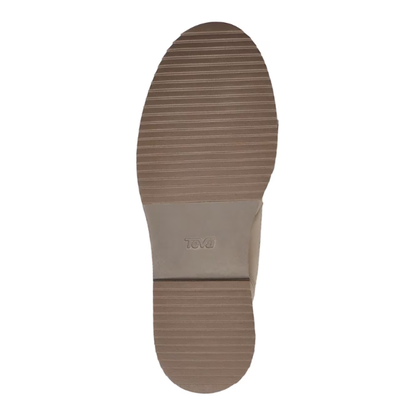 The image displays the bottom view of a Teva Womens Midform Boot Feather Grey sole, light brown with horizontal grooves and Teva branding near the center, on a white background. The design offers comfort for foot pain.