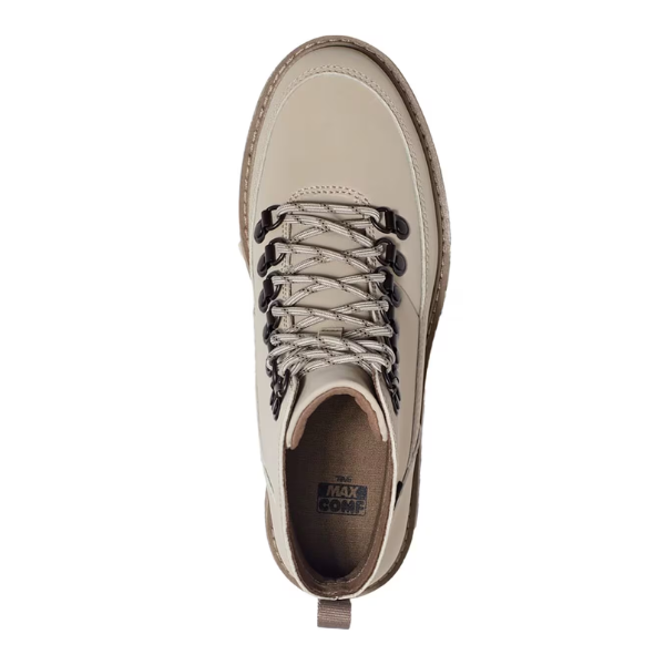 Top view of the Teva Womens Midform Boot Feather Grey, featuring black metal eyelets, light tan laces, a heel pull tab, and the MAX COMF insole label. This eco-friendly boot offers both comfort and style from Teva.