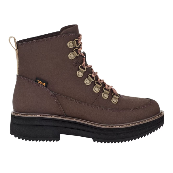 The Teva Womens Midform Boot Bracken features metal eyelets, a thick black treaded sole, contrast stitching, a small fabric Teva label, heel pull tab, and eco-friendly materials—perfect for conscious adventurers.