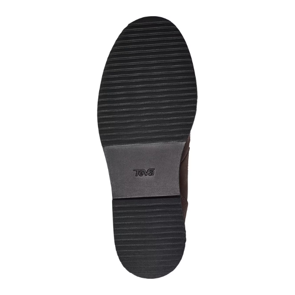 The image shows the bottom view of a Teva Womens Midform Boot Bracken sole by Teva, featuring horizontal grooves, MAX-COMF insole technology, and the Teva logo embossed in the center on a white background.