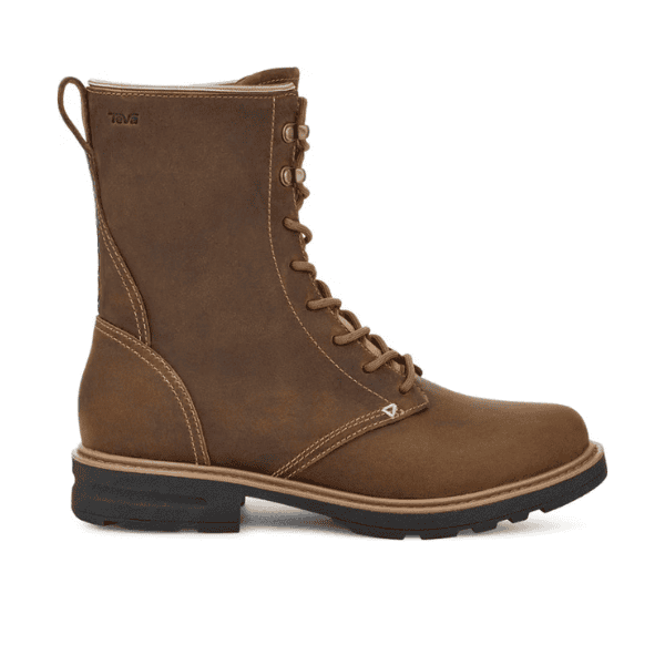 The Teva Womens Rowena Lace Honey Brown boot features brown waterproof leather, light tan stitching, and a chunky recycled rubber outsole, shown in profile view facing right.