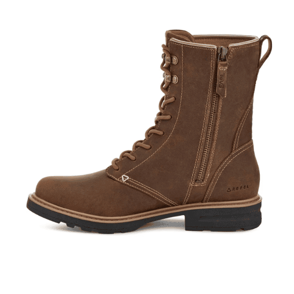 The Teva Womens Rowena Lace in honey brown is a waterproof leather ankle boot with laces, side zipper, sturdy recycled rubber outsole, and a small heel, shown from the left side on a white background.