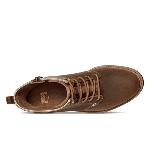 A top view of the Teva Womens Rowena Lace Honey Brown boot shows brown waterproof leather, visible stitching, a side zipper, heel pull tab, and a MAX COMFORT insole by Teva designed for foot pain relief.