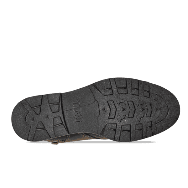 The image shows the Teva Womens Rowena Lace Honey Brown shoes black recycled rubber outsole, featuring a textured tread pattern for foot pain comfort and the Teva logo embossed in the center.