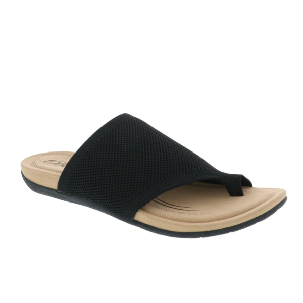 The BIZA FOOTWEAR Womens Lavish Black sandal features a sporty slip-on black mesh design with a stretch knit upper, beige comfort footbed, open toe, and black sole, shown at an angle against a white background.