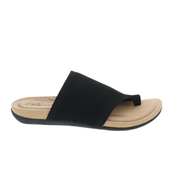 The BIZA FOOTWEAR Biza Womens Lavish Black sandal features a Wide stretch knit upper, open toe, tan comfort footbed, and black sole. Shown in side profile on a white background.