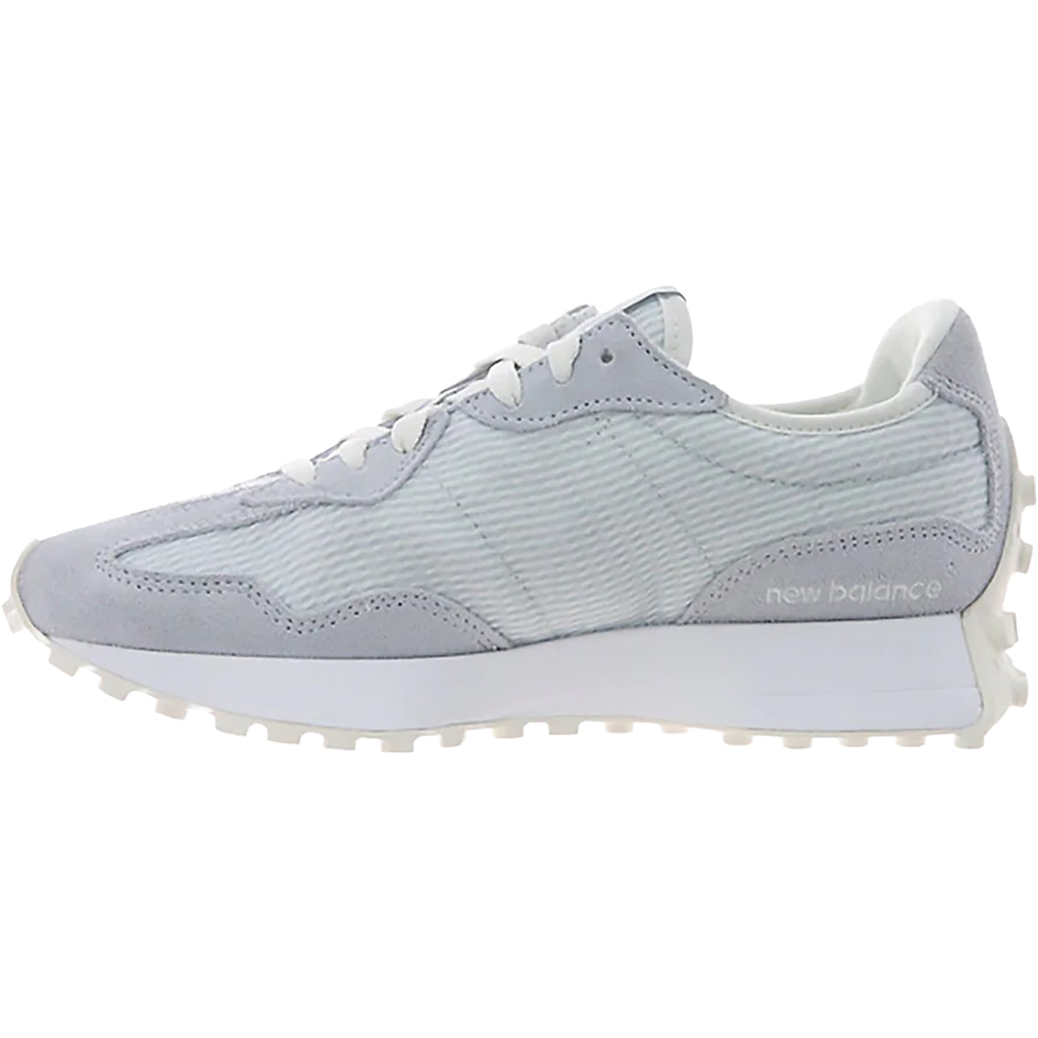 NEW BALANCE Women's 327 Zinc/Sea Salt sneaker, nylon tongue and split eyerow lacing, alternate view.