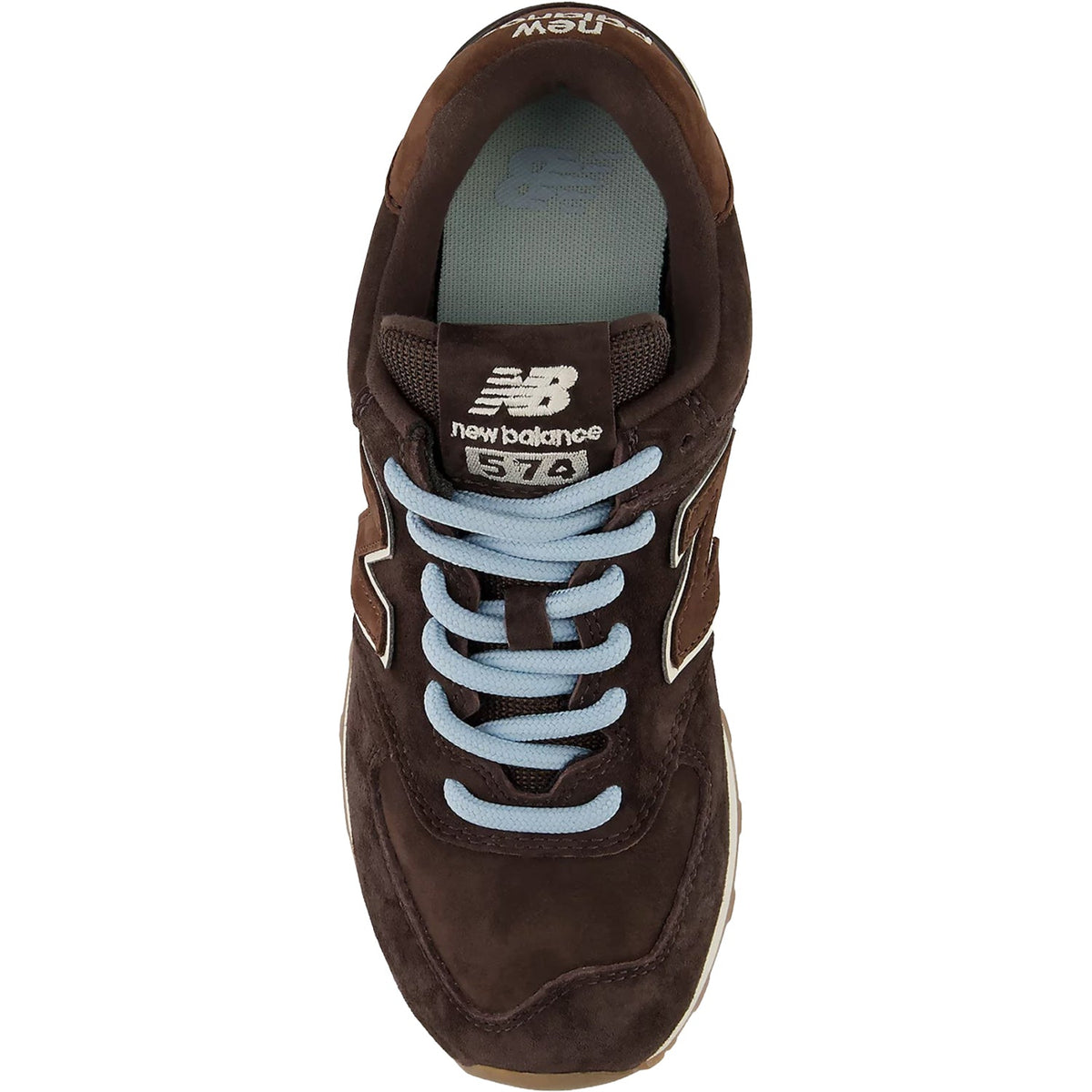 New Balance Women's 574 Black Coffee/Angora lifestyle sneaker, dark brown suede upper with warm cream accents.