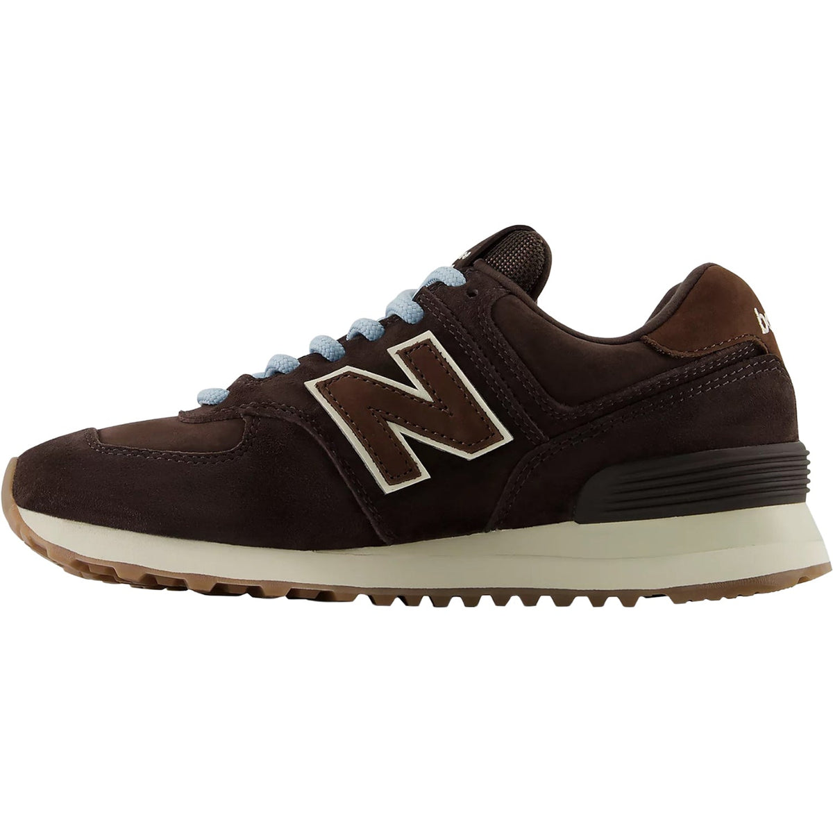 New Balance Women's 574 Black Coffee/Angora sneaker, suede and mesh upper with a removable insole for orthotics.