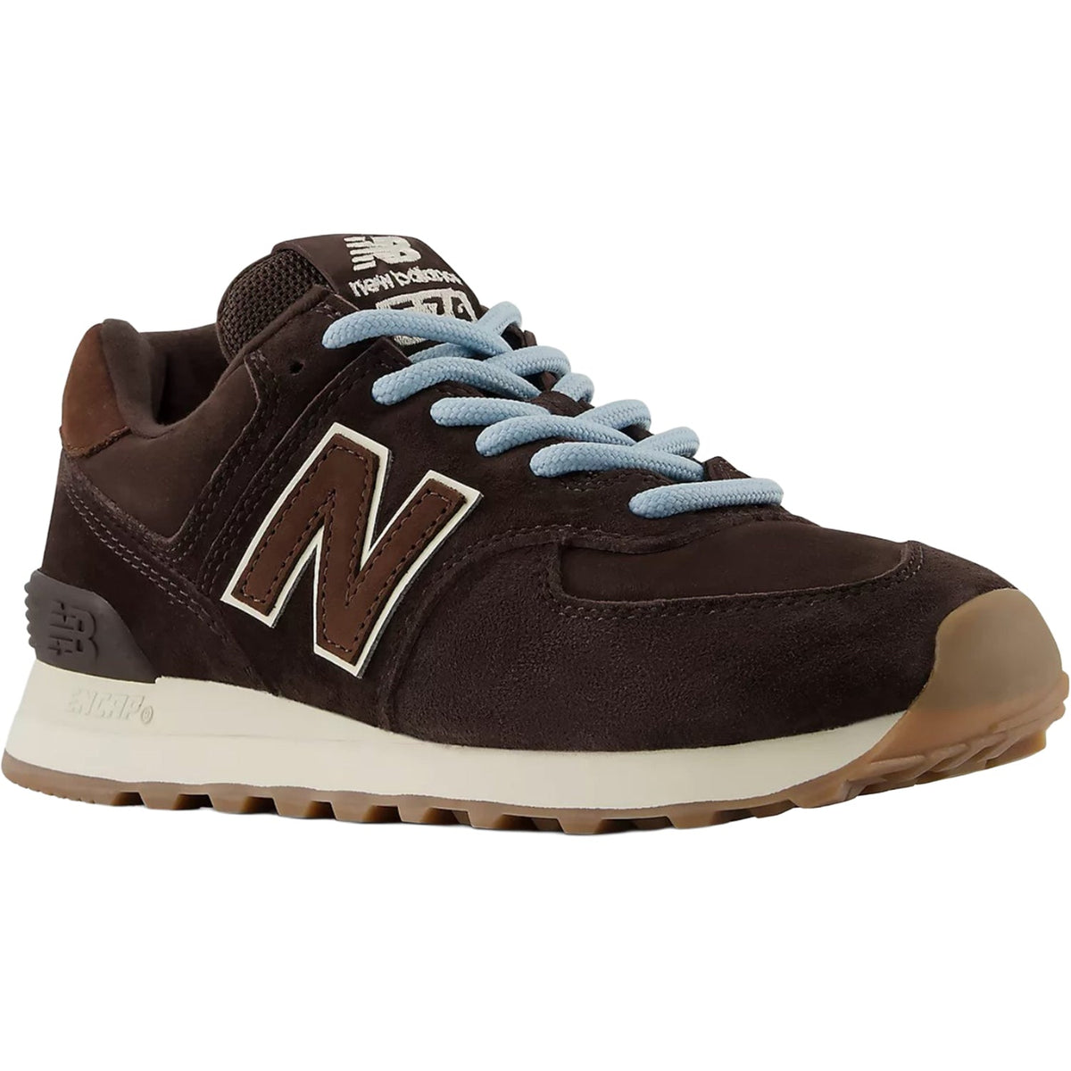 New Balance Women's 574 in Black Coffee/Angora, durable rubber outsole and cushioned ENCAP midsole for comfort.