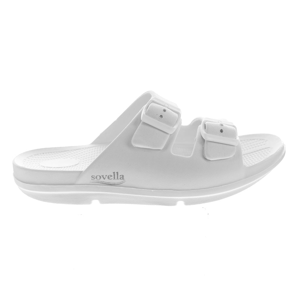 SOVELLA Women's Buckle Slide White with adjustable dual buckles and arch support, shown on a white background.