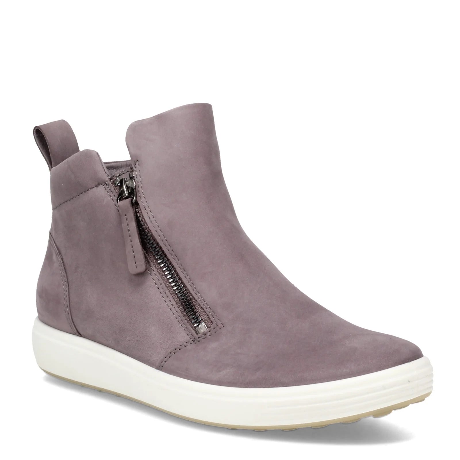 The ECCO Womens Soft 7 Zip Bootie Gray features smooth nubuck leather, a matte finish, side zipper, white sole, and a small back pull tab for a modern, casual look.