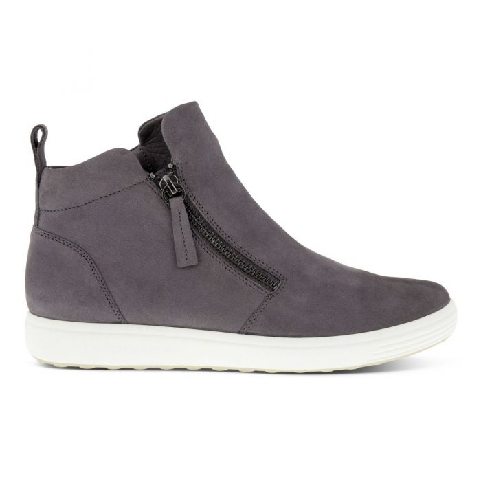 The ECCO Womens Soft 7 Zip Bootie Gray features nubuck leather, a side zipper, white sole, and back pull tab—shown in profile against a white background to capture signature ECCO style.