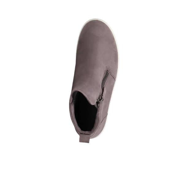 The ECCO Womens Soft 7 Zip Bootie Gray, crafted from nubuck leather with a white sole, is shown from above with a side zipper and heel pull tab.