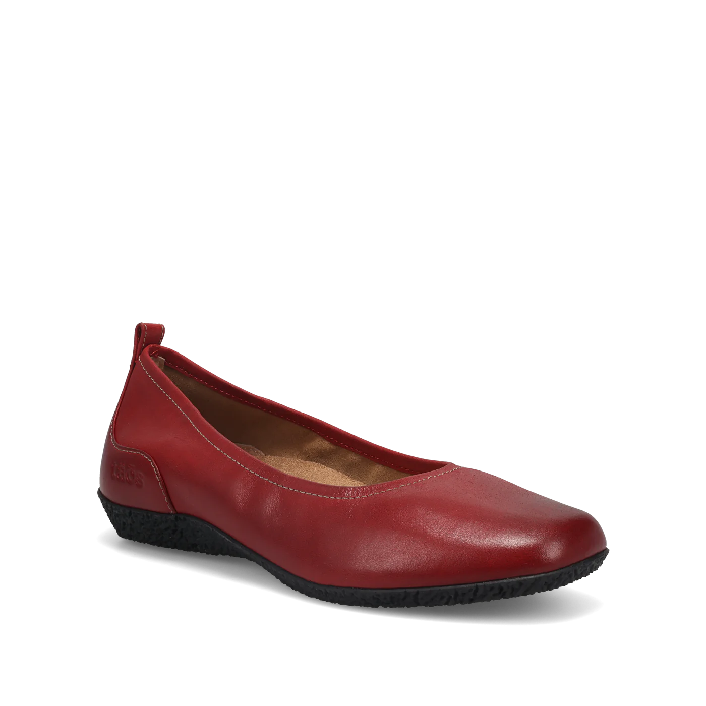 The Taos Womens Chit Chat Red by TAOS is a single red leather skimmer flat with a rounded toe, low black textured sole, subtle stitching, and an orthotic-friendly design, displayed on a white background.