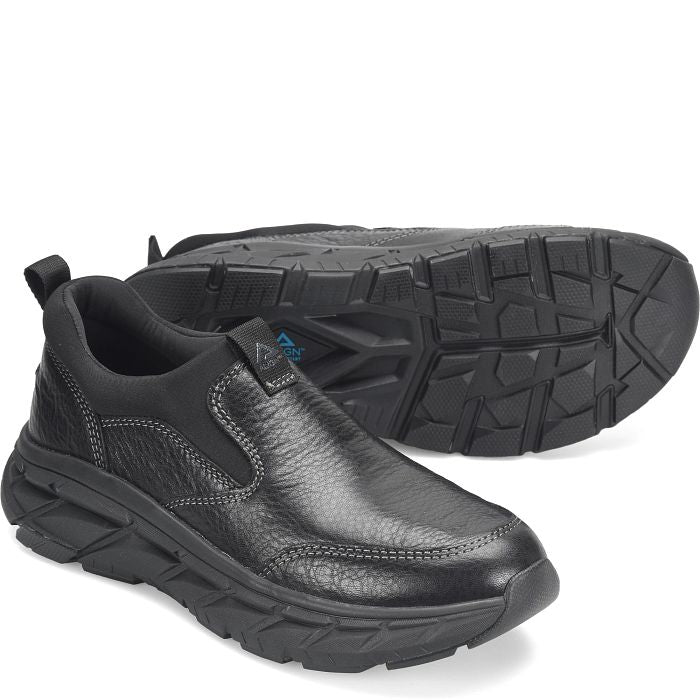 ALIGN Men's Protech Valent Black slip-on sneaker, black leather upper with twin gore panels, detail view.