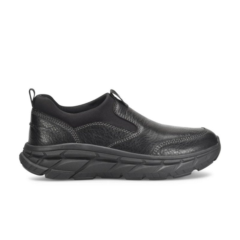 ALIGN Men's Protech Valent Black slip-on work sneaker, waterproof leather upper, slip-resistant sole, angled view.