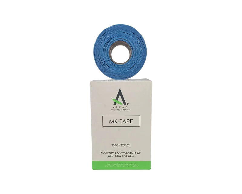 A roll of ALEAF CBD Muscle Tape by A Leaf sits on a white MK-TAPE box, featuring the Aleaf logo and highlighting enhanced bio-availability of CBD, CBG, and CBC with kinesiology tech. The tape measures 2 inches by 10 feet.