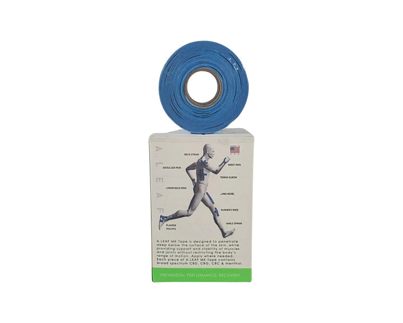 The ALEAF CBD Muscle Tape by A Leaf is shown atop its packaging, which features kinesiology technology graphics with a running figure and labeled muscles, all set against a white background.