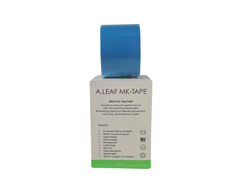 A roll of ALEAF CBD Muscle Tape from A Leaf rests on a white box. The packaging highlights benefits such as muscle support, waterproof design, and enhanced oxygen circulation through kinesiology technology.