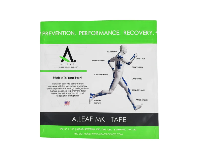 A Leafs ALEAF CBD Muscle Tape comes in a green and white pack with a running figure marked by blue tape on pain areas. The text highlights kinesiology tech for prevention, performance, recovery, and pain relief.