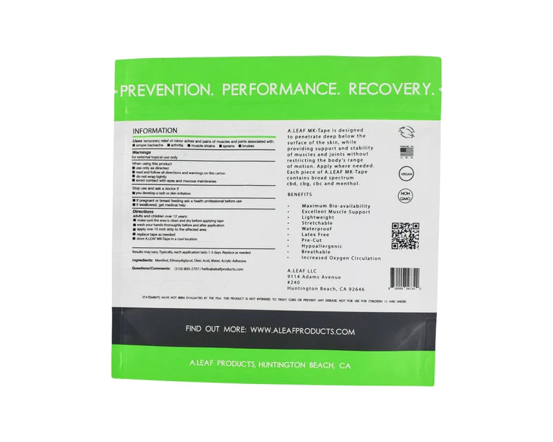 The ALEAF CBD Muscle Tape by A Leaf comes in a green and white package listing PREVENTION. PERFORMANCE. RECOVERY. at the top, with info, benefits, directions, and company details on the back—highlighting broad-spectrum CBD and advanced kinesiology technology.