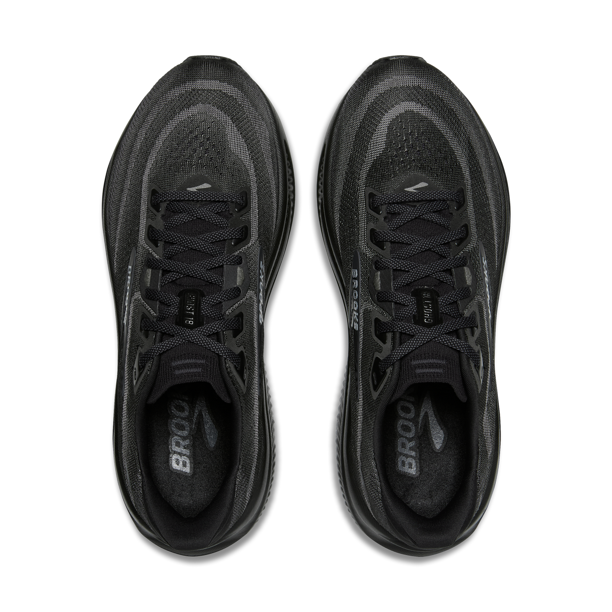 Top view of BROOKS Women's Ghost 18 Wide Black/Black running shoes, black knit tongue and cushioned footbeds.