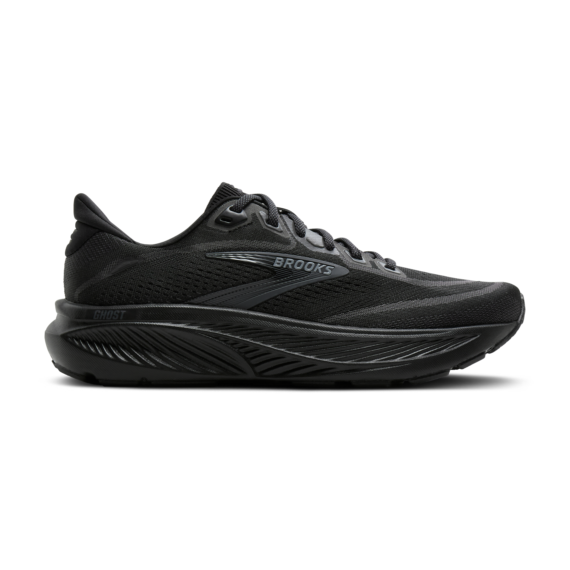 BROOKS Women's Ghost 18 Wide Black/Black running shoe with DNA LOFT cushioning and black midsole, side profile.