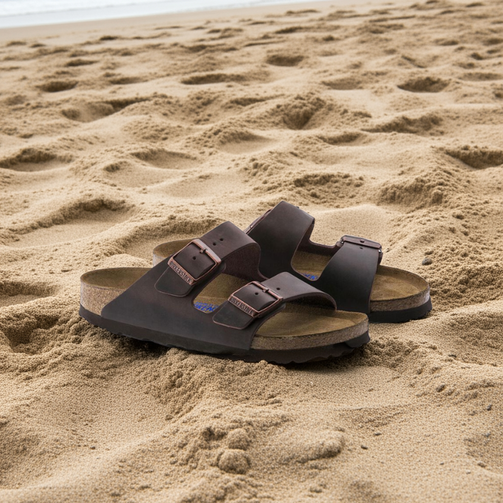 A pair of BIRKENSTOCK Mens Arizona Soft Footbed Oiled Leather Habana sandals, with two buckle straps, rests on sandy beach near the shoreline, ocean visible in the background.