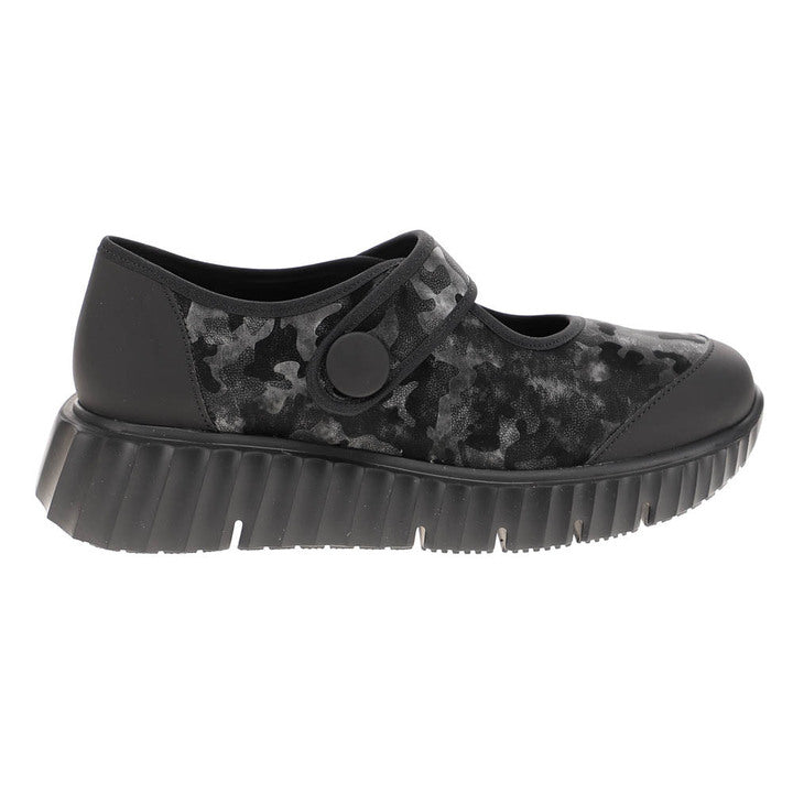 The Sovella Womens Jessica Black Camo by SOVELLA is a lightweight Mary Jane-style shoe featuring a camouflage print, thick textured sole, and Wide strap with round button—ideal for adding sporty style to your footwear collection.