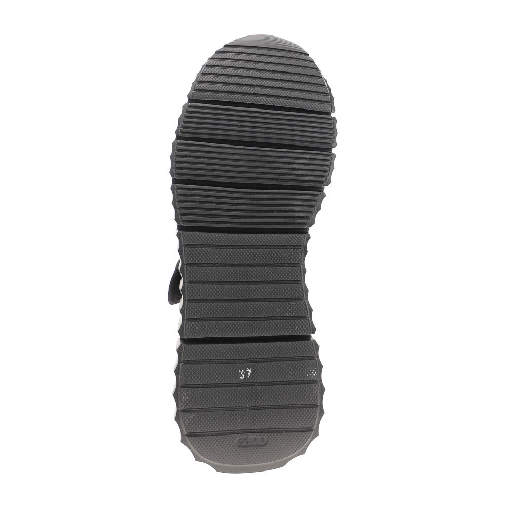 Black shoe sole with horizontal ridges and textured grip, viewed from the bottom. The number 37 near the heel indicates the size—ideal for SOVELLA Womens Jessica Red shoes.