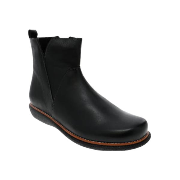 SOVELLA Sovella Women’s Lana Boot Black—stylish everyday leather boot with low heel, pull tab, and brown welt detail. Lucky Feet Shoes