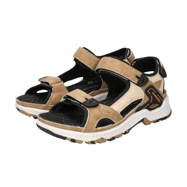 The ALLROUNDER Allrounder Womens Westside Brown/Taupe sandals feature adjustable Velcro straps, rugged soles, and a cushioned footbed—perfect for outdoor activities or providing relief from plantar fasciitis.