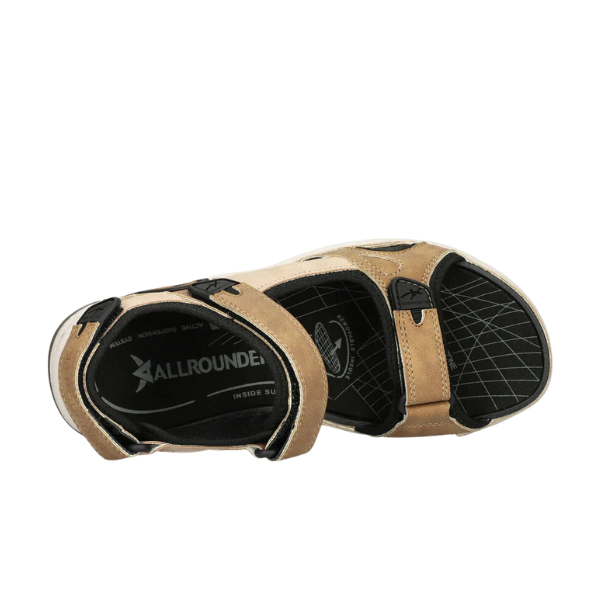 The Allrounder Womens Westside Brown/Taupe is an open-toe sandal in tan and black with adjustable straps and a textured, branded insole—perfect for women seeking comfortable outdoor sandals.