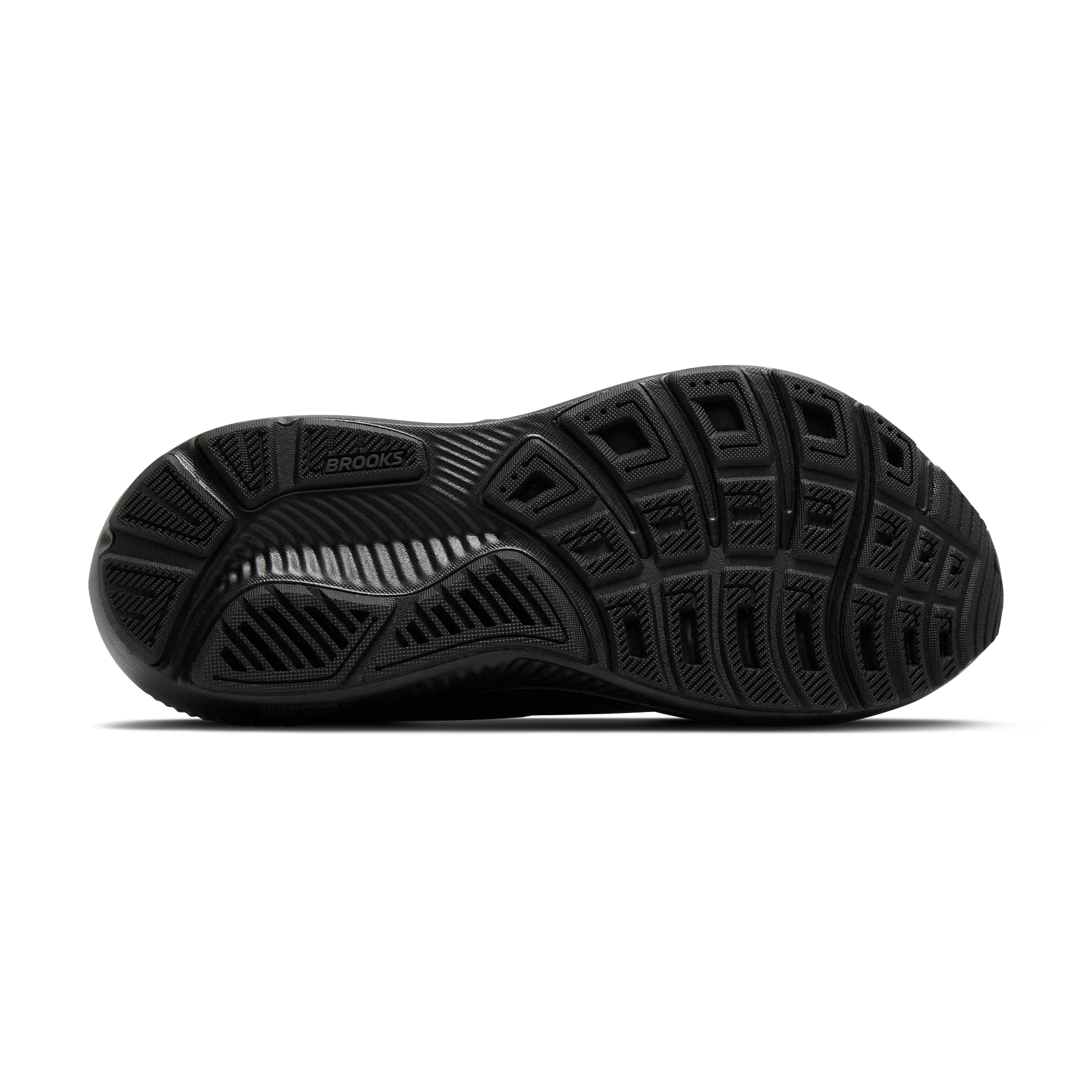 Outsole of the BROOKS Women's Ghost 18 Wide Black/Black, black RoadTack rubber tread for durable traction.