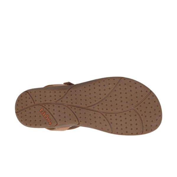 The image shows the bottom view of the Taos Womens Trophy 2 Honey sandal by TAOS, featuring a brown strappy leather design, a textured non-slip sole, and the brand name embossed near the heel.