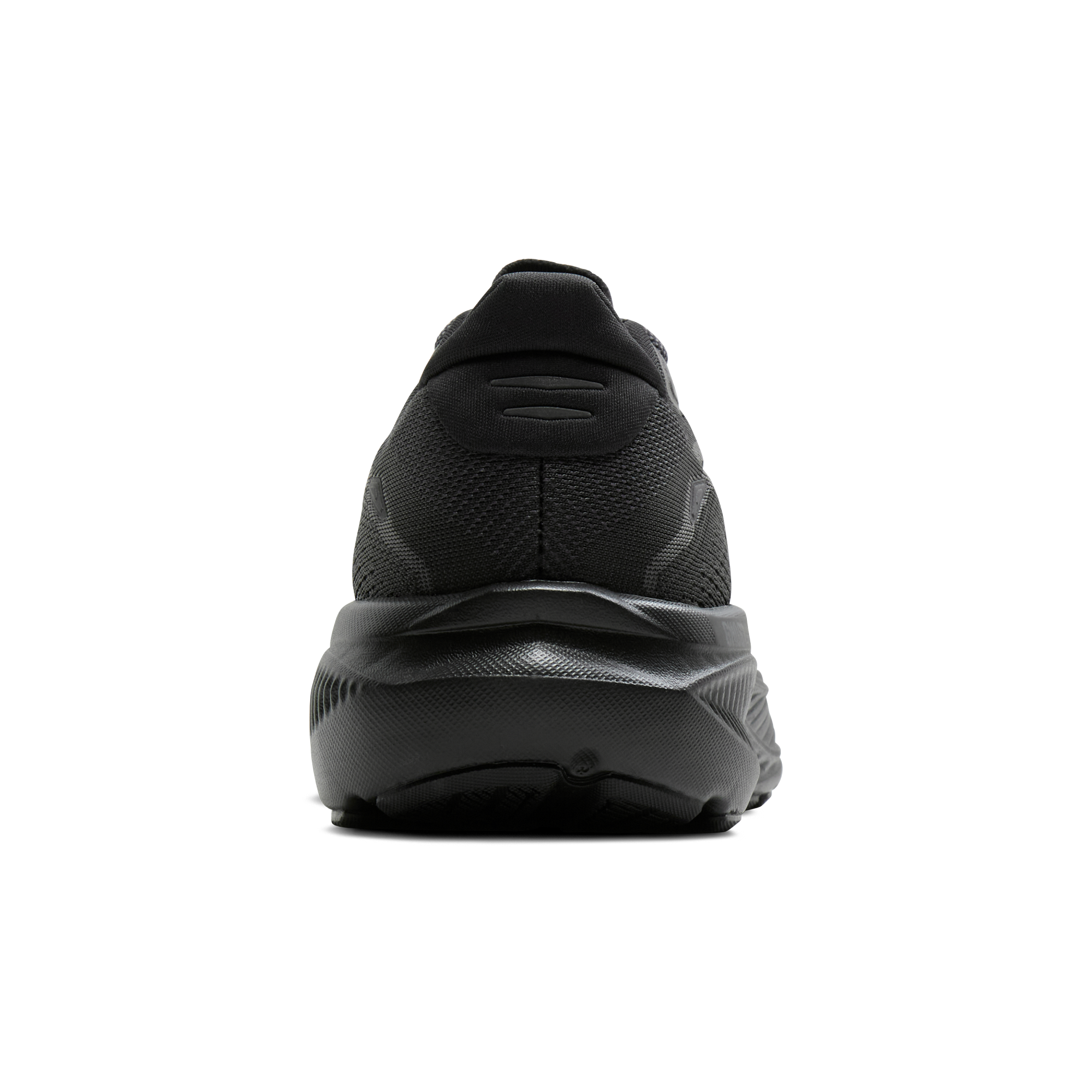 Rear view of BROOKS Women's Ghost 18 Wide Black/Black running shoe, padded heel collar with 3M reflectivity.