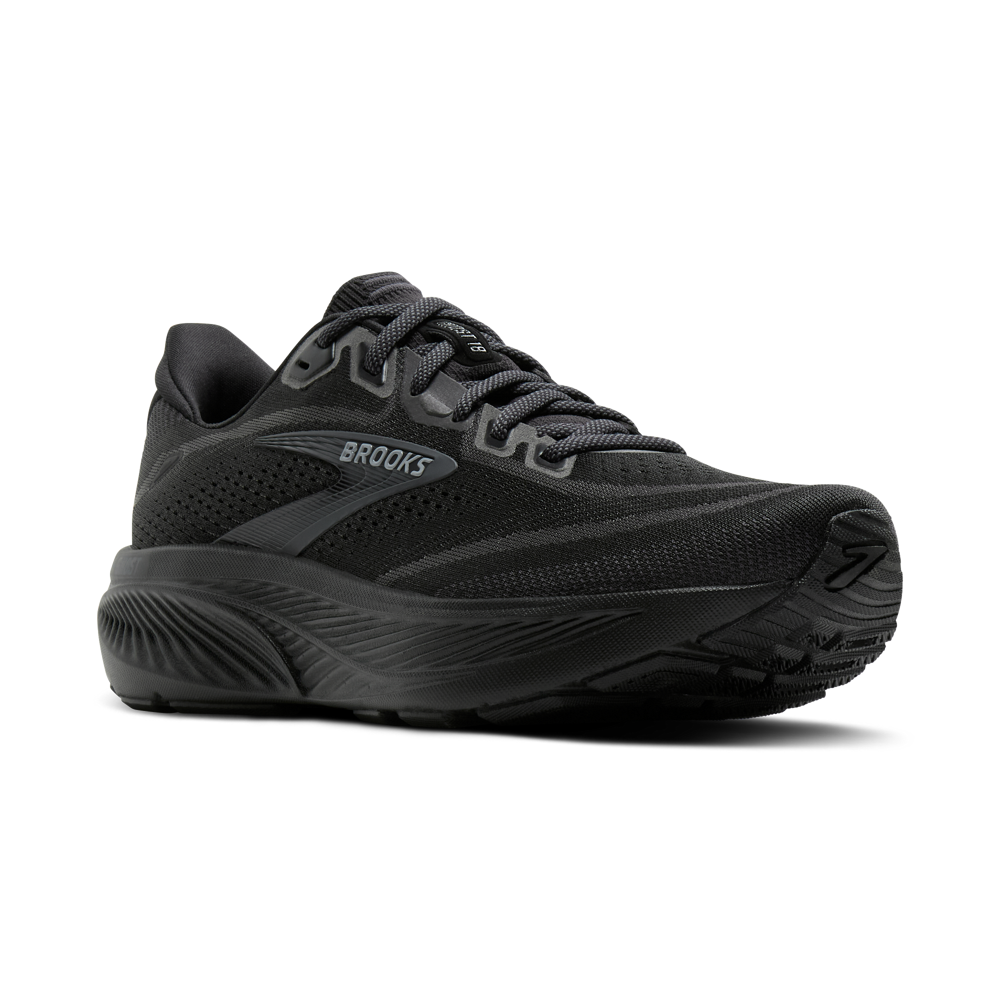 BROOKS Women's Ghost 18 Wide Black/Black road-running shoe, all-black mesh upper and cushioned sole, angled view.