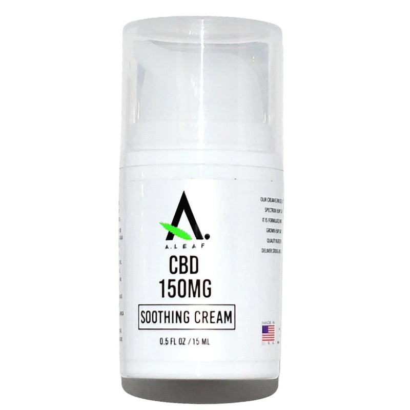 A Leaf ALEAF Travel-Size Broad Spectrum CBD Soothing Cream 150ML comes in a white bottle with a clear cap and American flag on the label. This vegan, all-natural formula offers soothing relief wherever you go.