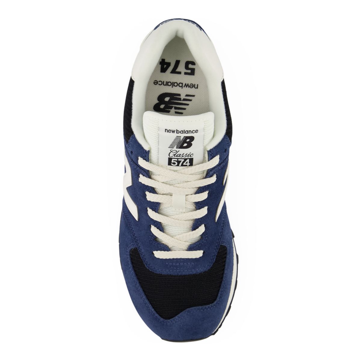 NEW BALANCE Men's 574 Navy/White sneaker, lace-up closure and cushioned collar, top-down view.