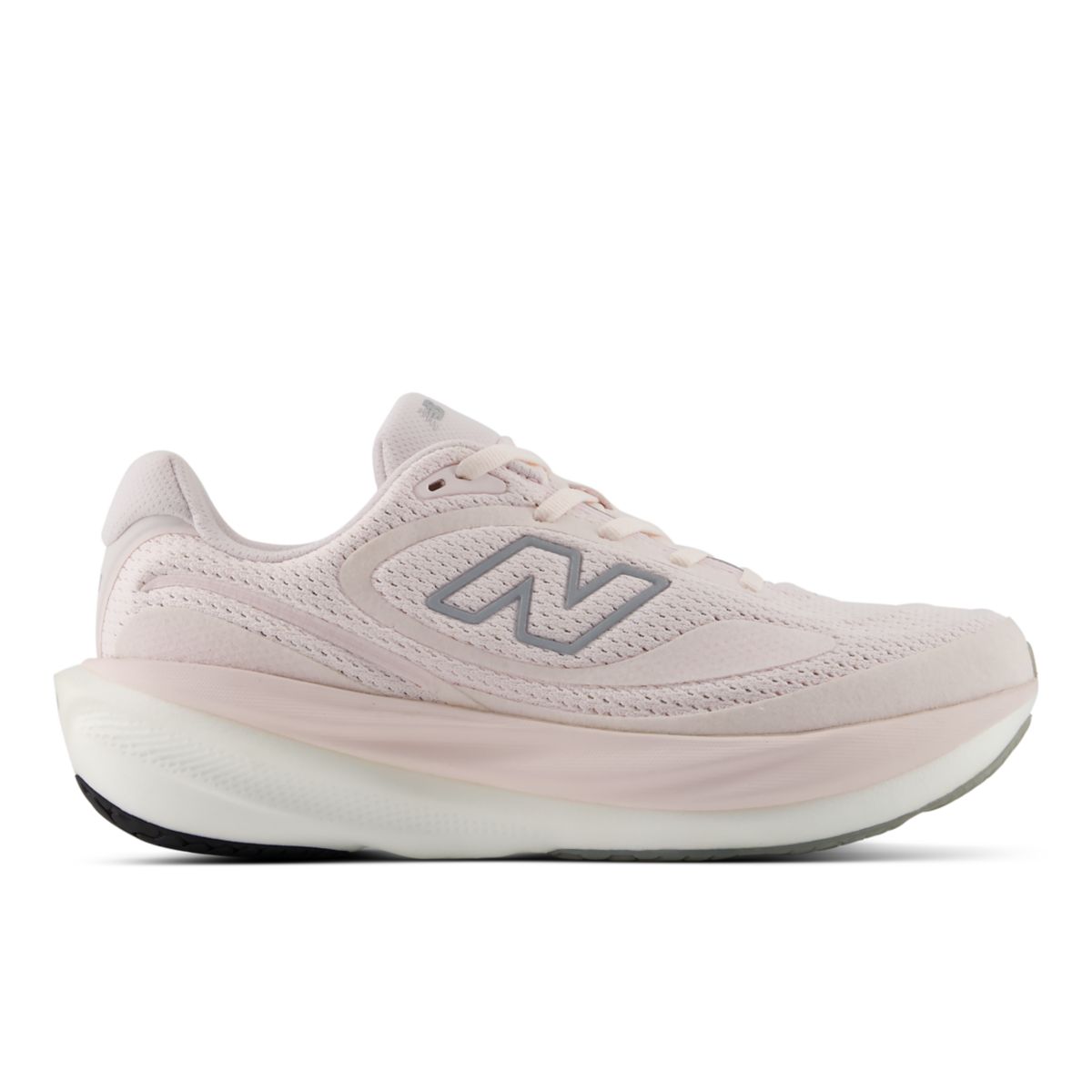 NEW BALANCE Women's 1080v15 Pink Salt/Pink Granite running shoe, mesh upper, pink cushioned midsole, angled side view.