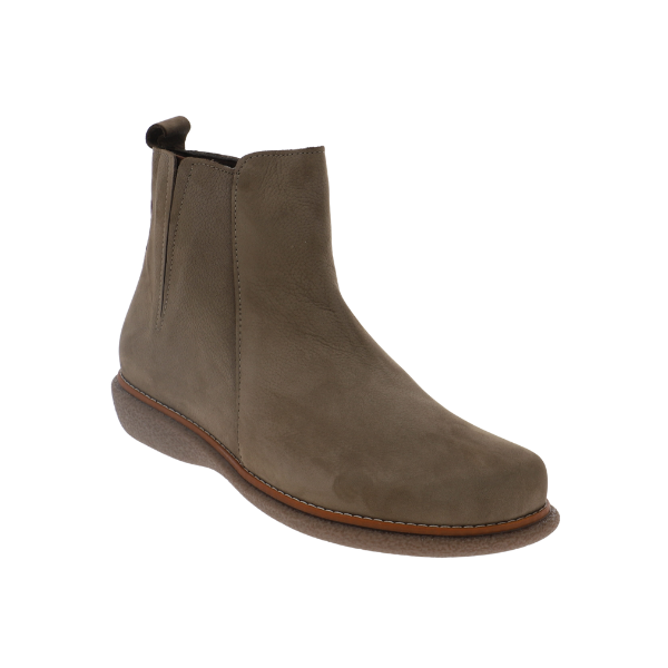 SOVELLA Sovella Women’s Zoya Boot in taupe suede with side zipper, cushioned sole, and rounded toe. Lucky Feet Shoes
