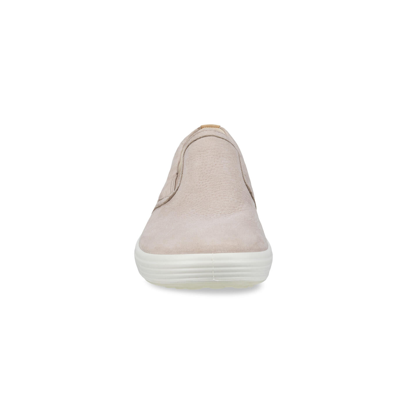 Front view of the ECCO Womens Soft 7 Slip-On in grey with a white sole, made from full grain leather and featuring ECCO Comfort Fibre System for foot comfort, shown against a plain white background.