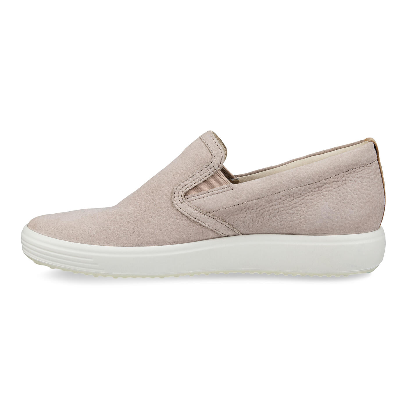 The ECCO Womens Soft 7 Slip-On Grey features a textured full grain leather upper, minimalist design, and a white rubber sole, shown in a side view against a white background.