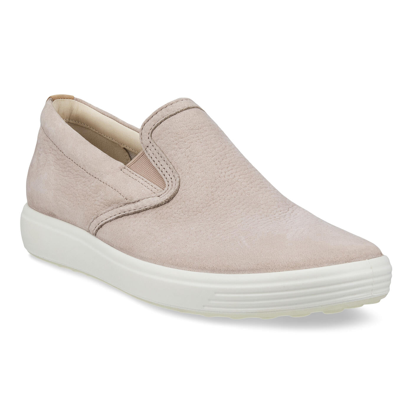 The ECCO Womens Soft 7 Slip-On in grey features a full grain leather upper with texture, elastic side panels, and a thick white sole. Shown at a three-quarter angle on a white background.