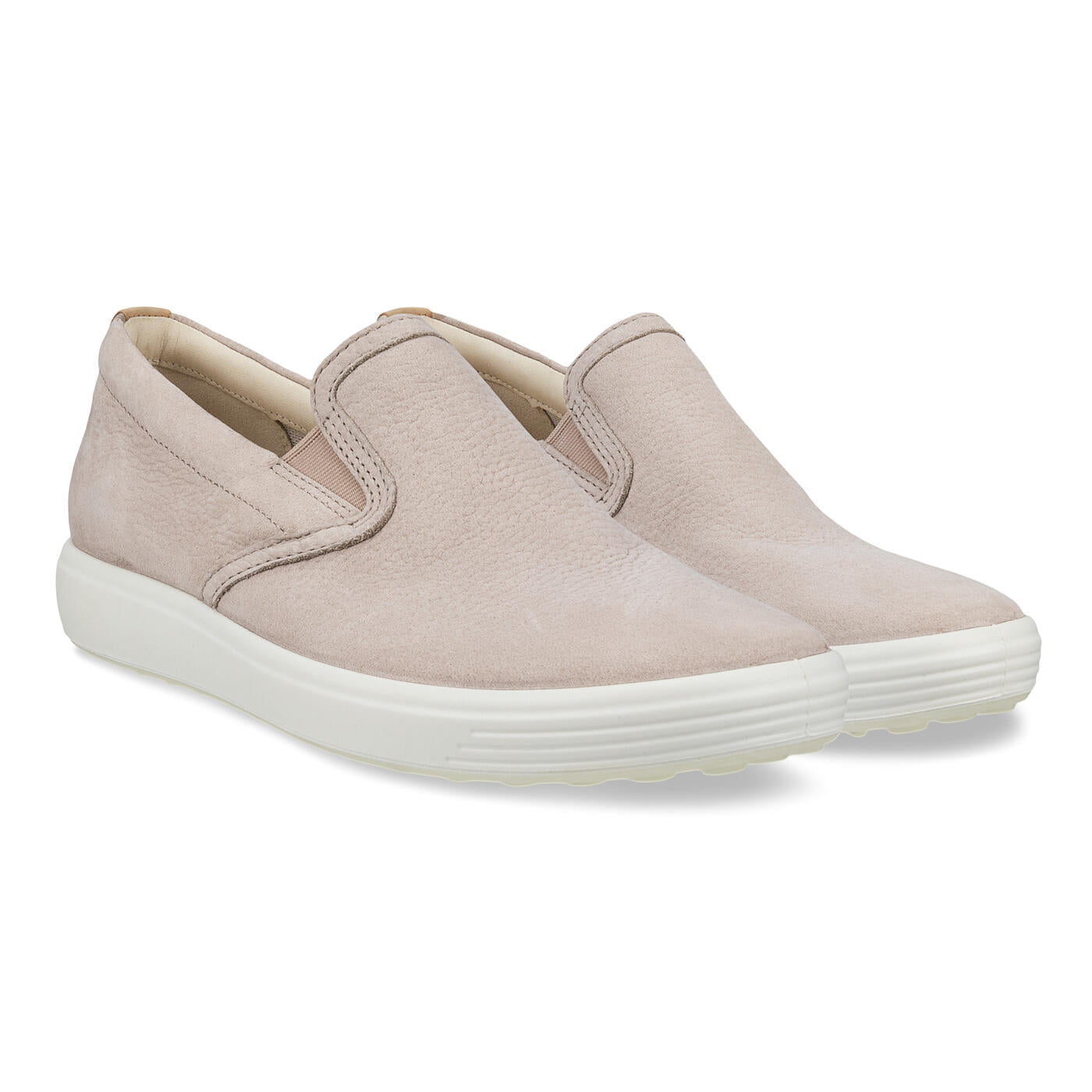 The ECCO Womens Soft 7 Slip-On Grey features a textured finish, white soles, and ECCO Comfort Fibre System for extra comfort, shown angled against a white background.