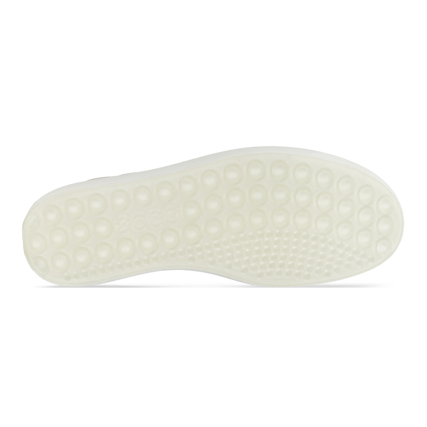 The image shows the translucent white sole of the ECCO Womens Soft 7 Slip-On Grey, featuring circular and hexagonal grips that emphasize the ECCO design focused on foot pain relief.