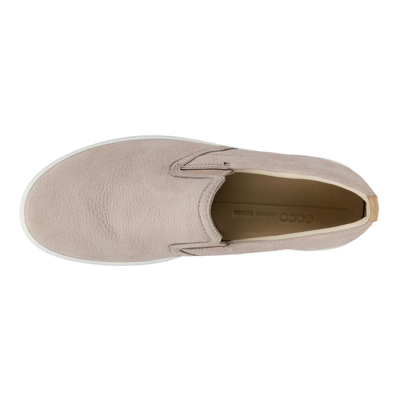 Top view of the ECCO Womens Soft 7 Slip-On Grey—a light grey, full grain leather slip-on with white sole, rounded toe, tan branded insole, elastic side accents, and ECCO Comfort Fibre System for added comfort.