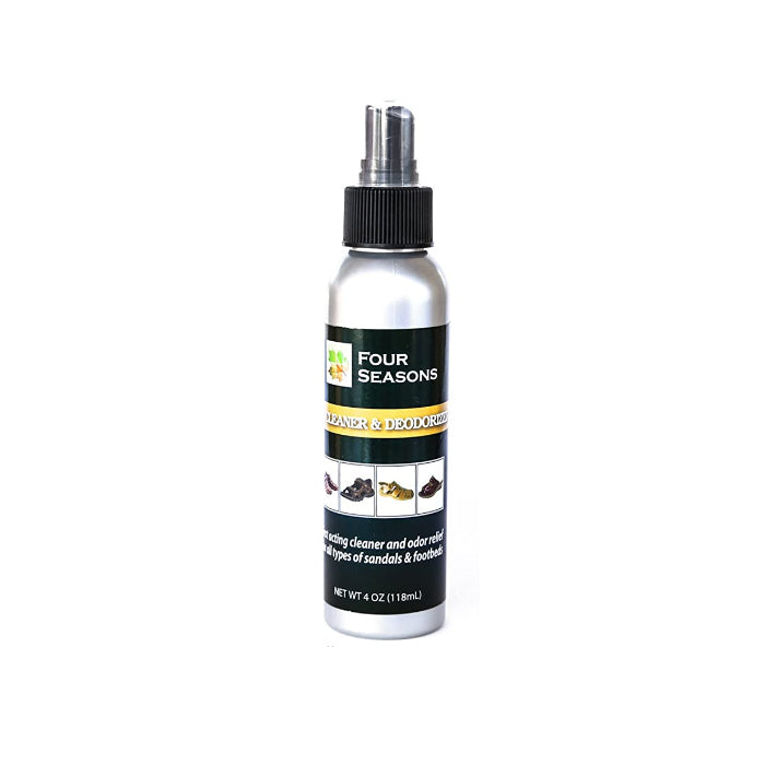 A silver spray bottle labeled Burten Four Seasons Sandal Cleaner & Deodorizer, designed to clean and deodorize footwear and footbeds, features images of various shoe types on its label.
