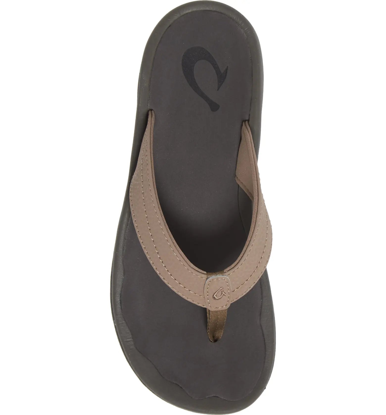 A single OLUKAI Womens Ohana sandal in taupe, viewed from above, features a Wide strap, water-resistant design, and OLUKAI logos near the heel and on the strap.